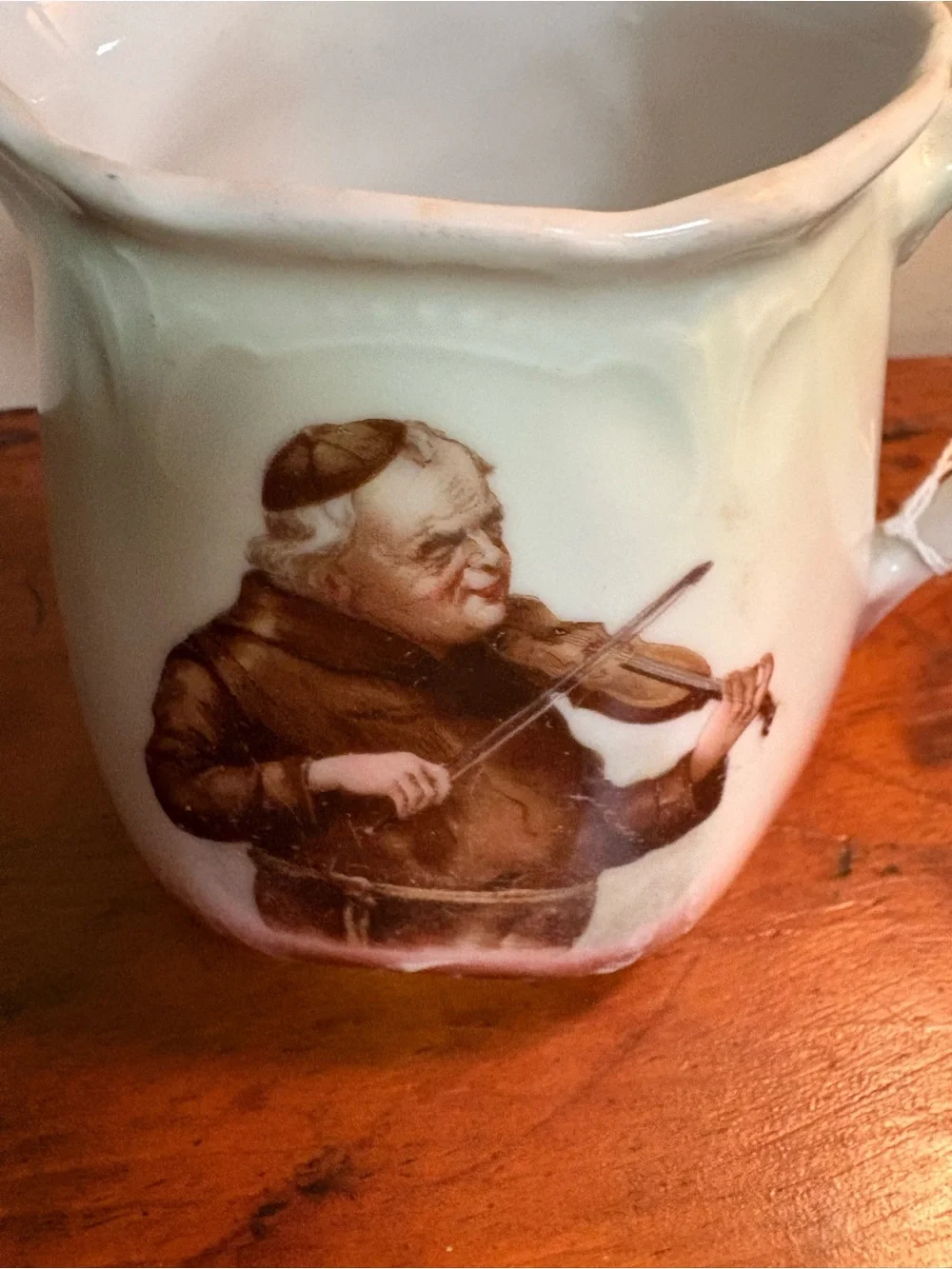 Antique German Porcelain Pitcher Transferware Monk Playing Violin
